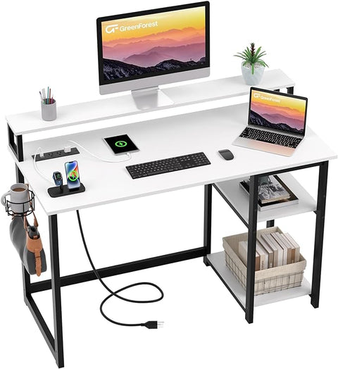 GreenForest Computer Desk with Charging Station, 40 inch Office Desk with Monitor Stand, Work Desk for Home Office