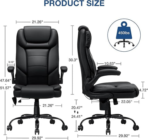 Executive Office Chair Big and Tall 450lbs Heavy Duty Office Chair with Adjustable Lumbar Support High Back Ergonomic Home Computer Leather Chair with Padded Flip-up Arms for Heavy People,Black