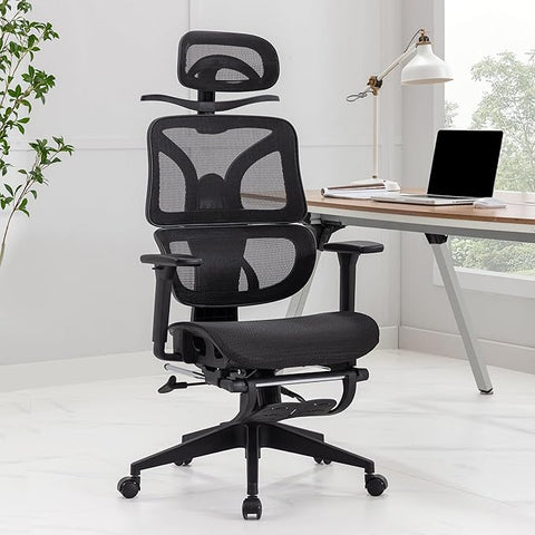 VECELO Swivel Ergonomic High Back Mesh Office Chair with Retractable Footrest, Adjustable Backrest